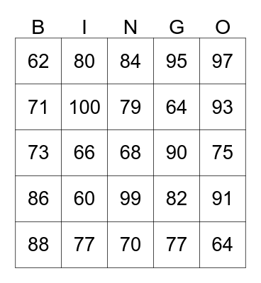 Numeros 60 al 100 Bingo Card