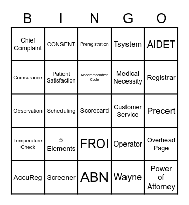 Patient Access 2021 Bingo Card