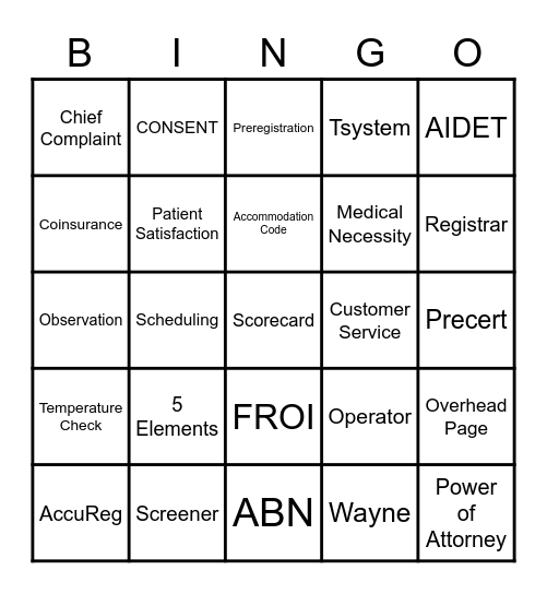 Patient Access 2021 Bingo Card