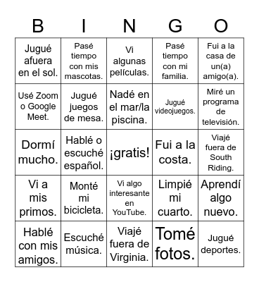 ¿Qué hiciste? Mis vacaciones de primavera Bingo Card