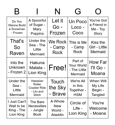 Disney Music Bingo Card