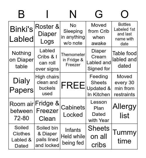 Licensing Bingo- Infants Bingo Card