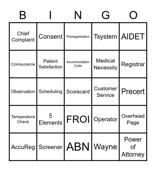 Patient Access 2021 Bingo Card