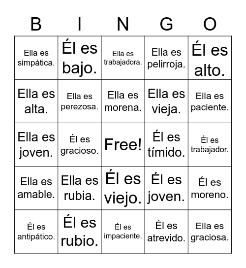 Adjectives Bingo-sentences Bingo Card