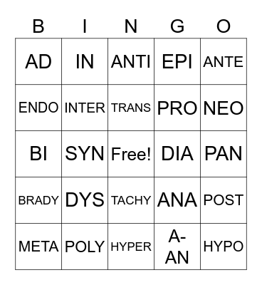 PREFIXES Bingo Card