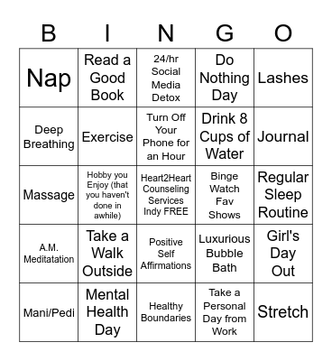 Heart2Heart Self-Care Bingo Card
