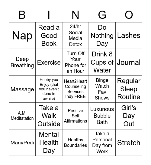 Heart2Heart Self-Care Bingo Card