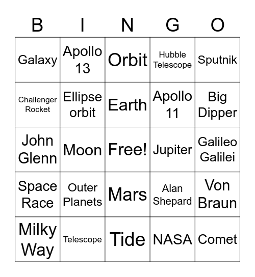 Astronomy Bingo Card