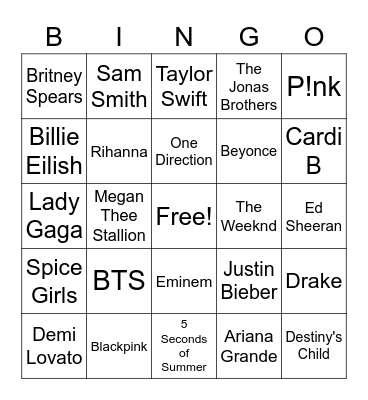 Musical Artist Bingo Card