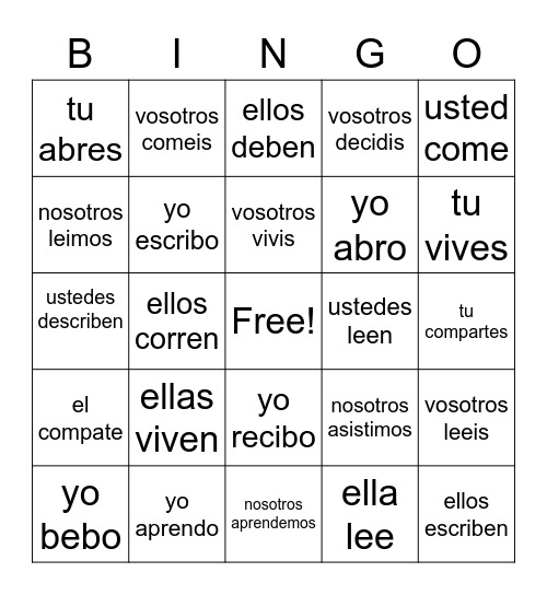 Conjugation of -er / ir vebs in Spanish Bingo Card