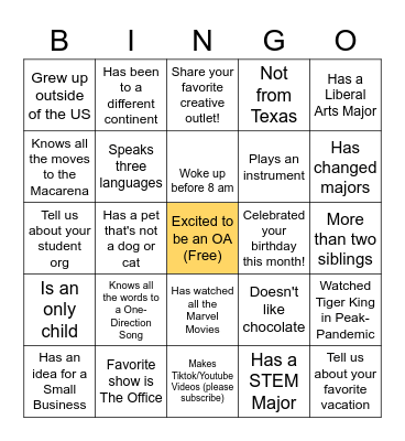 Evening Programs Bingo Card