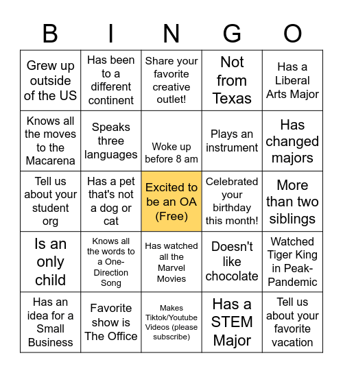 Evening Programs Bingo Card