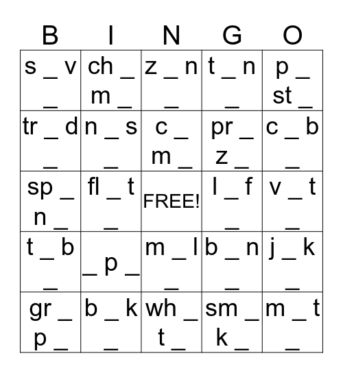 Long Vowel   vowel _ e Bingo Card