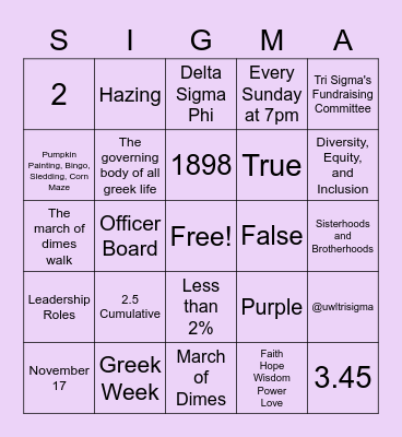 Greek Life Bingo Card