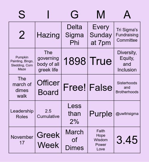 Greek Life Bingo Card