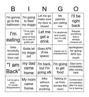 Alex Going AFK Bingo Card