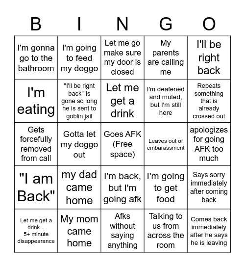 Alex Going AFK Bingo Card