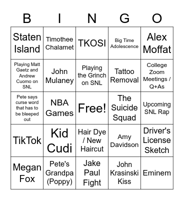 What will Pete Davidson mention on Jimmy Fallon (4/6/2021)? Bingo Card