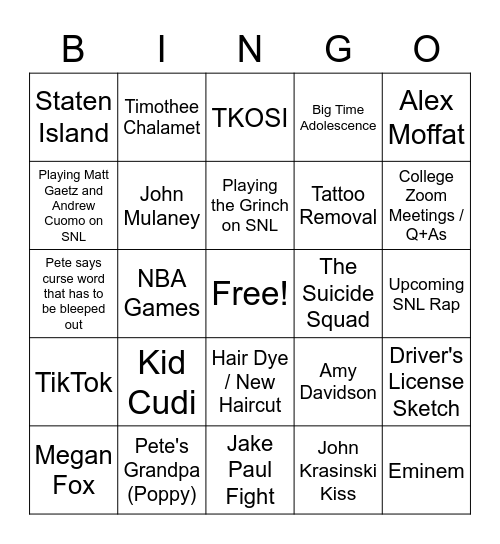 What will Pete Davidson mention on Jimmy Fallon (4/6/2021)? Bingo Card