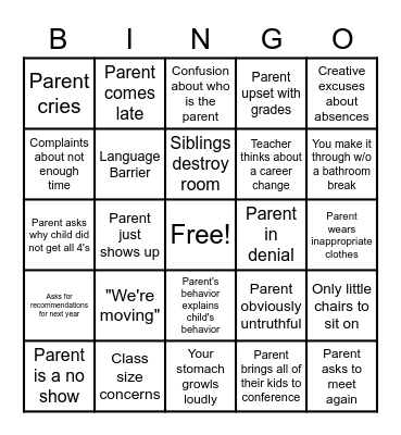Parent Teacher Conferences Bingo Card
