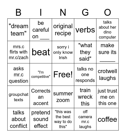 rehearsal bingo Card