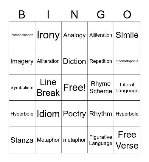 Figurative Language/Poetic Devices Bingo Card