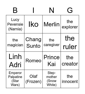12 Character Archetypes Bingo Card