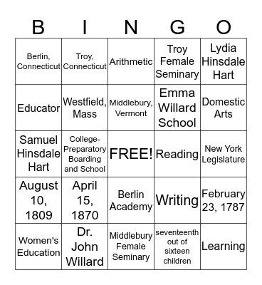 Emma Willard Bingo Card
