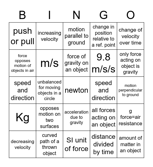 Motion and Forces Bingo Card
