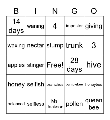 Vocabulary BINGO Card