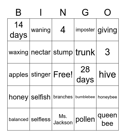 Vocabulary BINGO Card