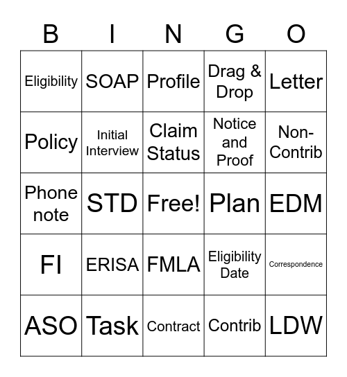 Short Term Disability Bingo Card