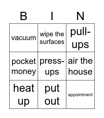 house choires/physical activity Bingo Card