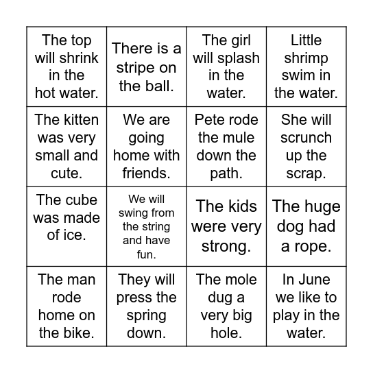 Fluency Bingo Card