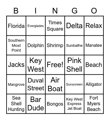 Florida Vacation Bingo Card