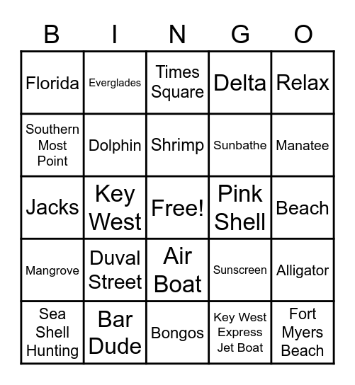 Florida Vacation Bingo Card