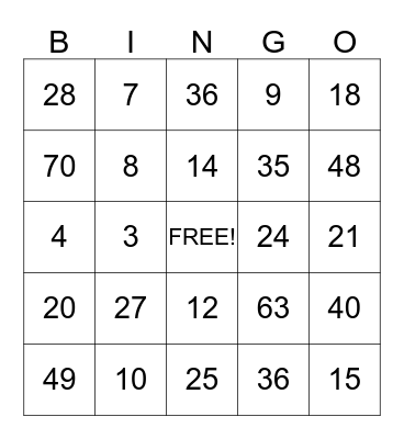 Multiplication Bingo Card