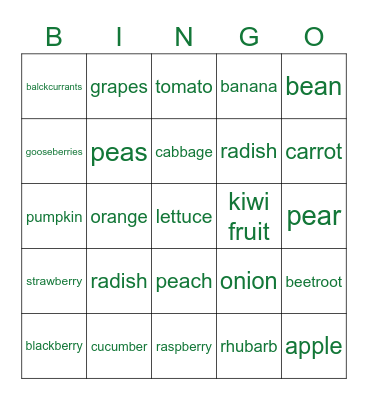 VEGETABLE BINGO Card
