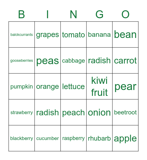 VEGETABLE BINGO Card