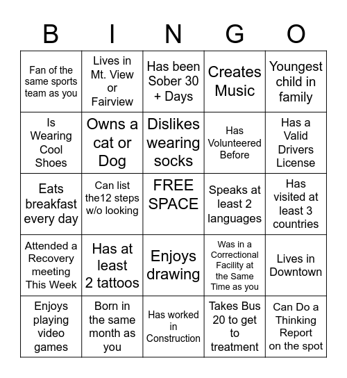 Treatment Social Bingo Card