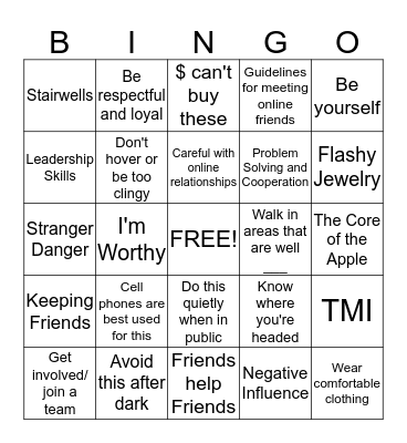 Friendship, Personal Safety and Self-Esteem Bingo Card