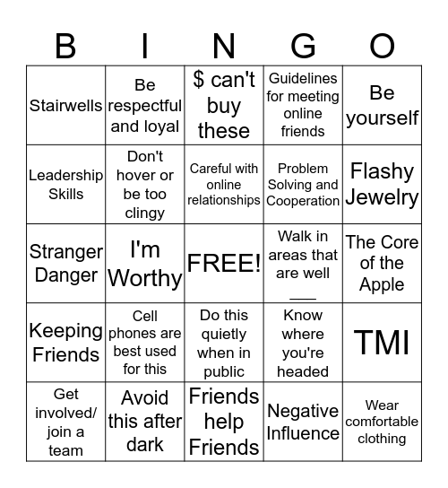 Friendship, Personal Safety and Self-Esteem Bingo Card