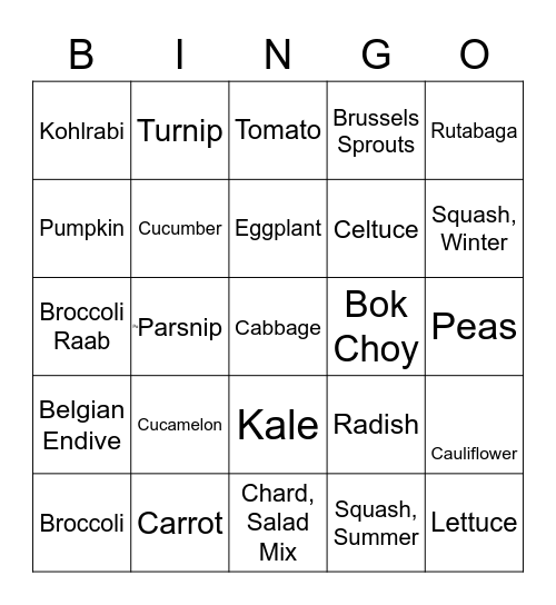 VEGETABLE BINGO Card