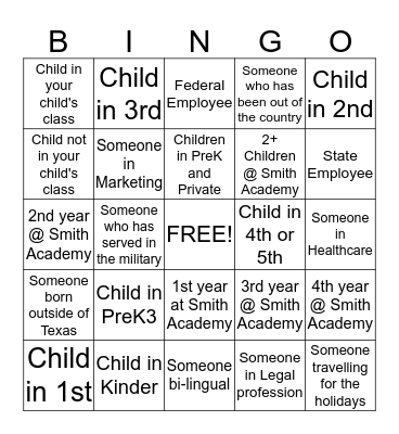 Smith Academy "Meet the Parents" Bingo! Bingo Card