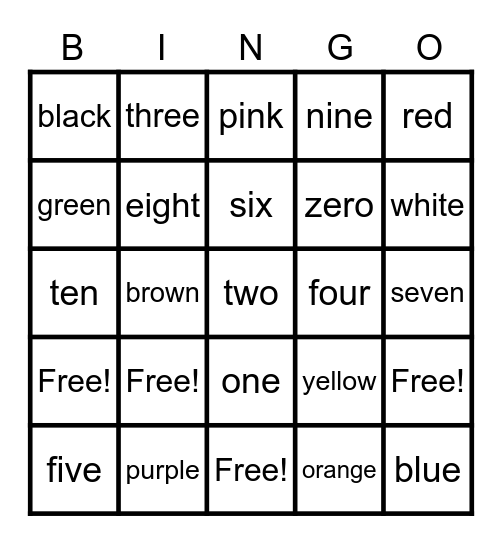 Kinder Words Bingo Card