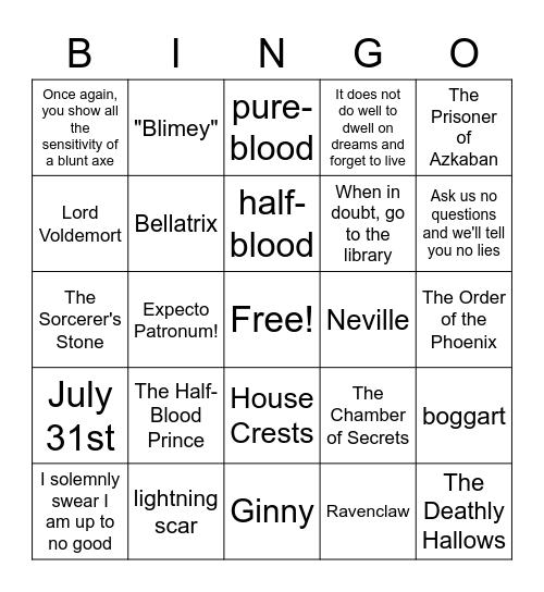 Harry Potter Bingo Card