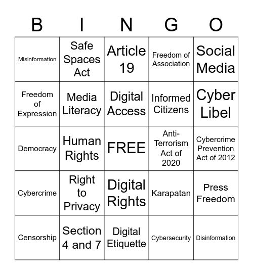 Social Media and the Law Bingo Card