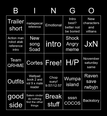 Rwby Volume 9 Bingo Card