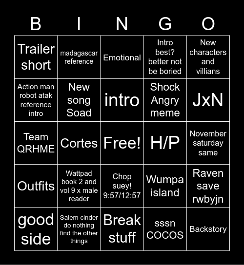 Rwby Volume 9 Bingo Card