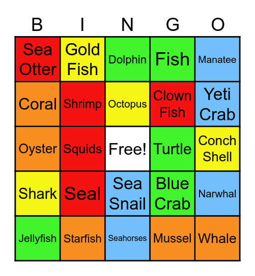 Marine Animals Bingo Card